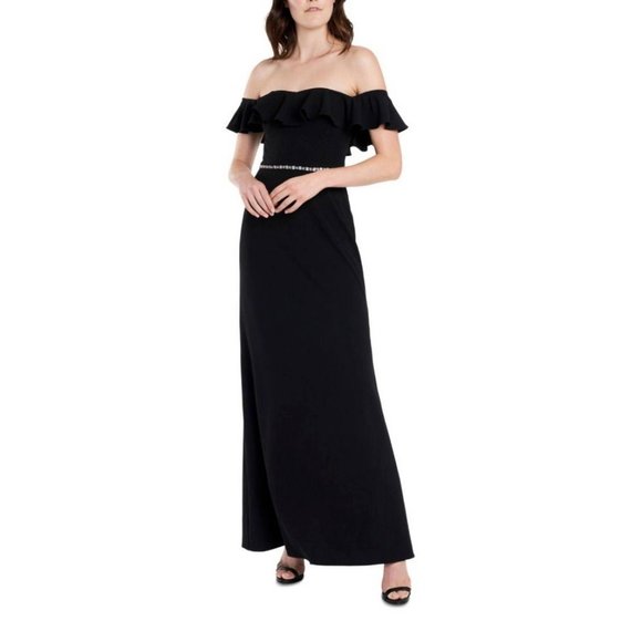 MSK Maxi Long Dress XL Black Flutter Off Shoulder Washable Wedding Cruise NWT - Picture 1 of 13
